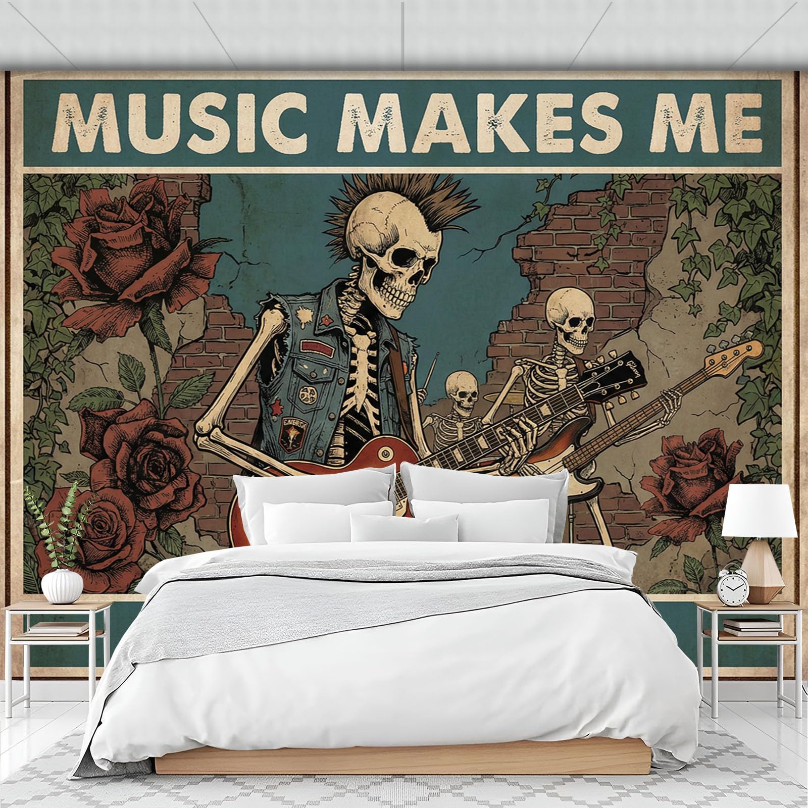Carta Da Parati Fotomurale 250X175Cm Rock Skull Band Poster Punk Retrò Carta Da Parati Panoramica 3D Seta, Marrone Decorazione Da Muro Poster Soggiorno Camera De Letto Ufficio
