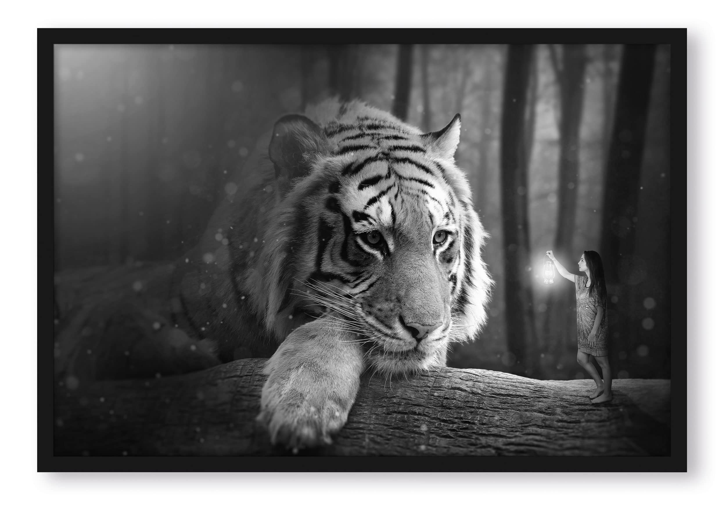 Poster con cornice portafoto da donna e una tigre gigante, formato 80 x 60 cm