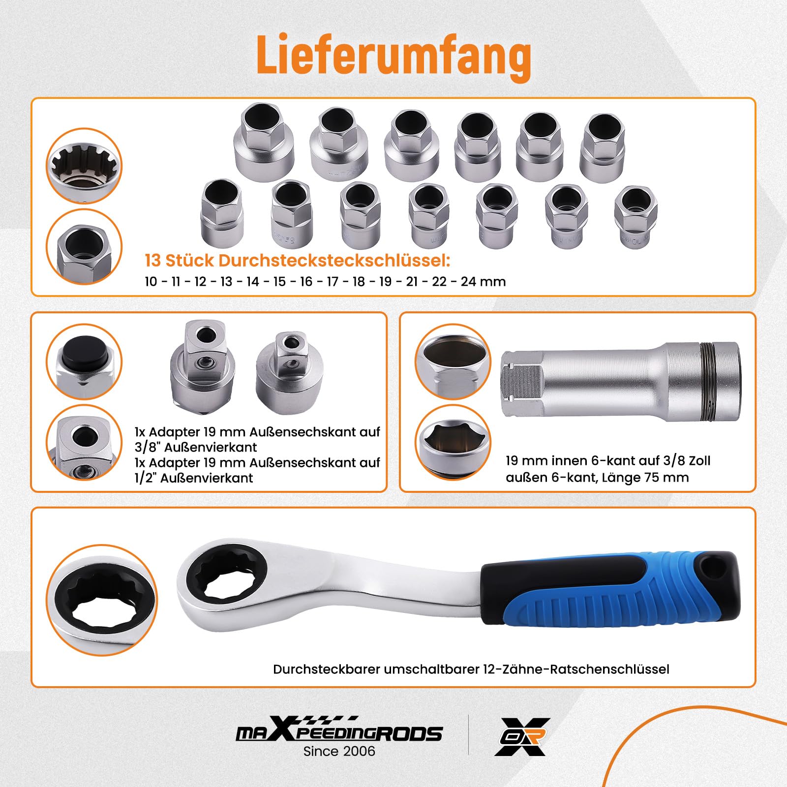 maXpeedingrods 17-tlg Durchsteck Steckschlüssel Satz mit Ratsche CRV 10-24mm für Mechaniker Werkstatt, Umschaltknarre Durchgangs Steckschlüsselsatz 1/2 Zoll und 3/8 Zoll