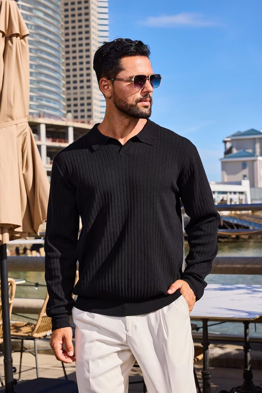 Mens Long Sleeve Knit Polo Shirt Lightweight Ribbed Polos Sweater Fall Winter Thermal Pullover Shirts with Collar - Image 4
