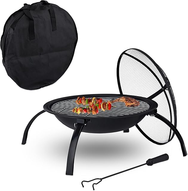 Relaxdays palenisko, torba do noszenia, ochrona przed iskrami, ruszt do grilla i drewna, pogrzebacz, ogród i taras, średnica 55,5 cm, czarna