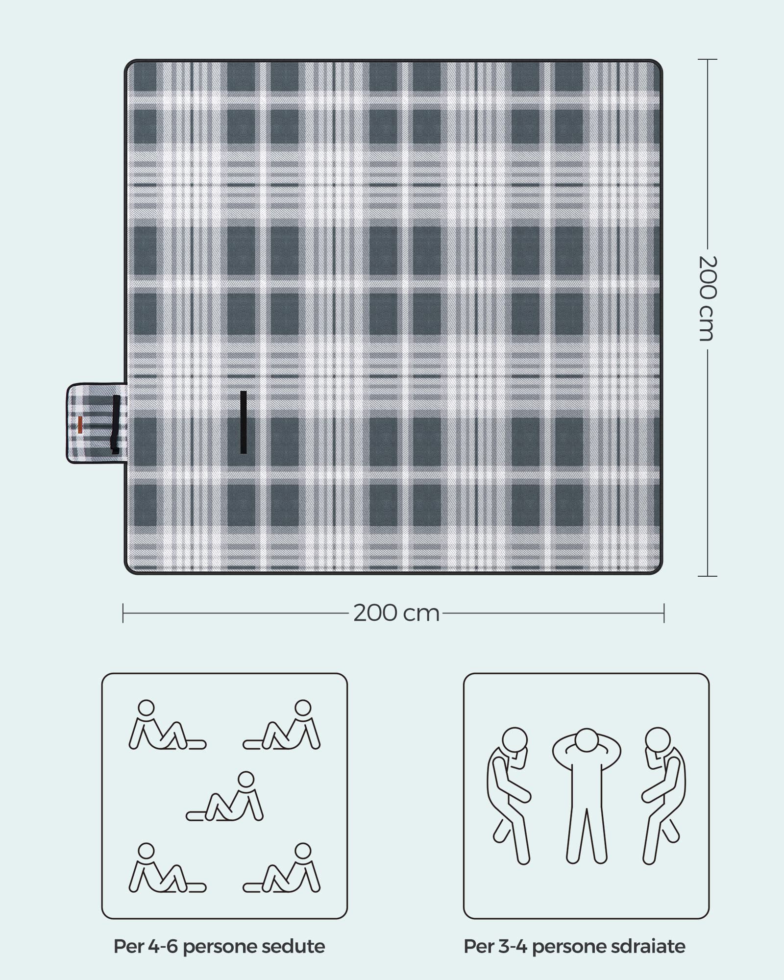 SONGMICS Coperta Picnic 200x200 cm Impermeabile Pieghevole Grigio Bianco GCM61GW