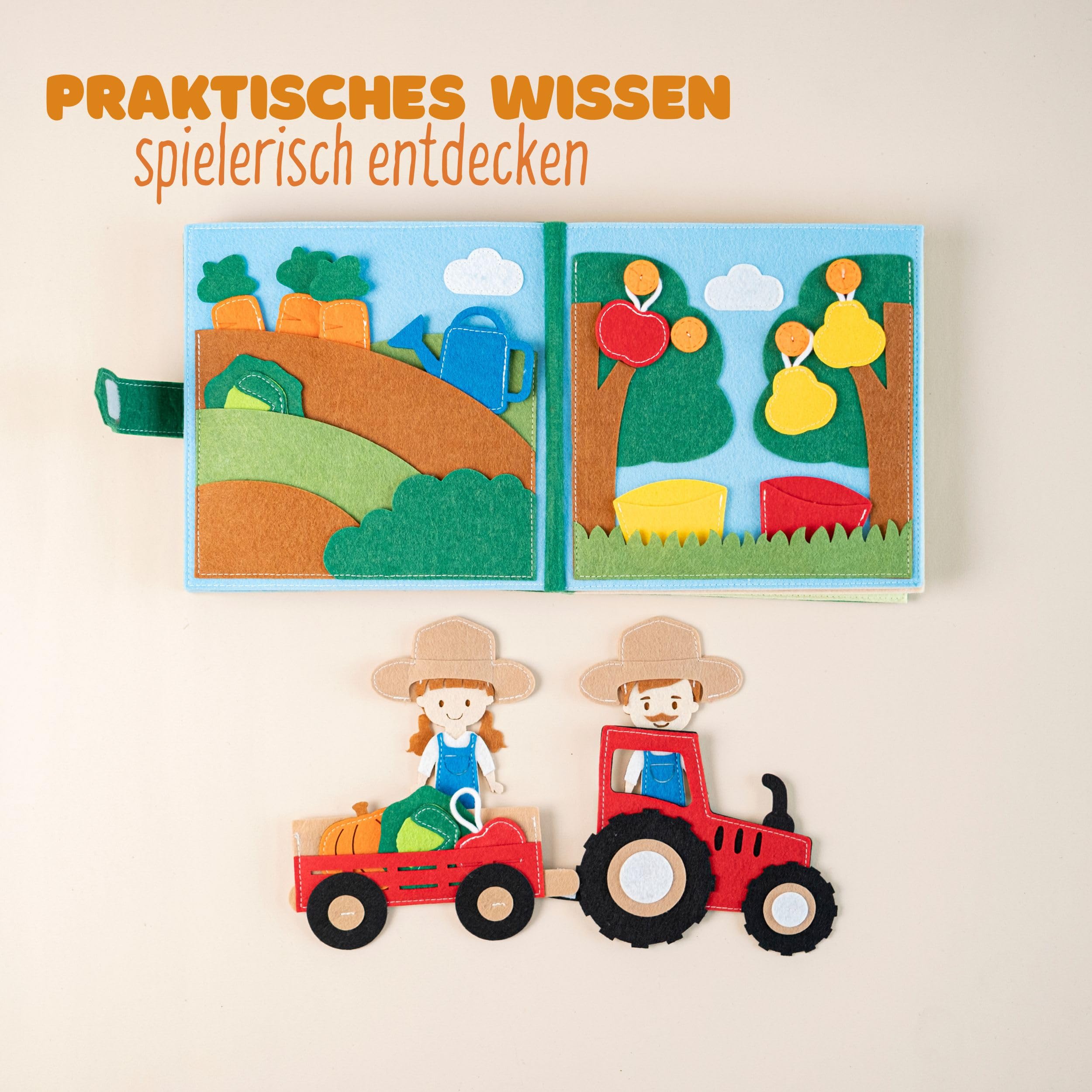 Quiet Book Bauernhof (2 Figuren) Filz-Aktivitätsbuch | Handgefertigt, Tier-Fingerpuppen & Traktor, Bildschirmfreies Spielzeug für Unterwegs, Zuordnung & Zählen, ab 18 Monaten