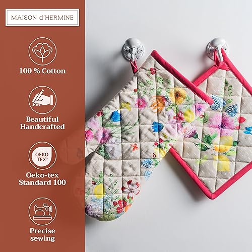 Miniatura 2 de Maison d' Hermine - Guante de horno de 7.5 x 13 pulgadas y agarradera de 8 x 8 pulgadas, 100 % algodón, resistente al calor, chef, cocinar, hornear,