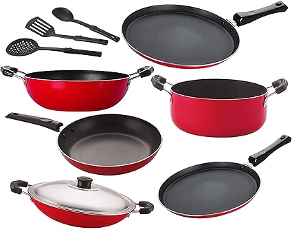 Nirlon Kitchen Accessories for Cooking Non Stick Aluminium Cookware Combo Gift Set- 9 Pieces, Red [26_FT12_KD13_CH_FT11_Cass20_TP24_3SPN]