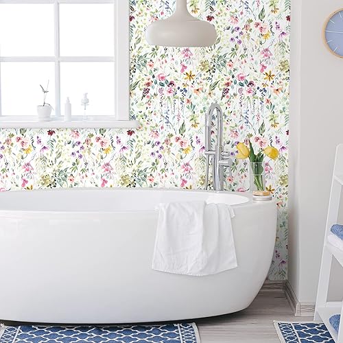 Miniatura 4 de VEELIKE Papel tapiz de flores silvestres de acuarela para despegar y pegar, papel tapiz floral extraíble para dormitorio, baño, guardería, 17.7 x