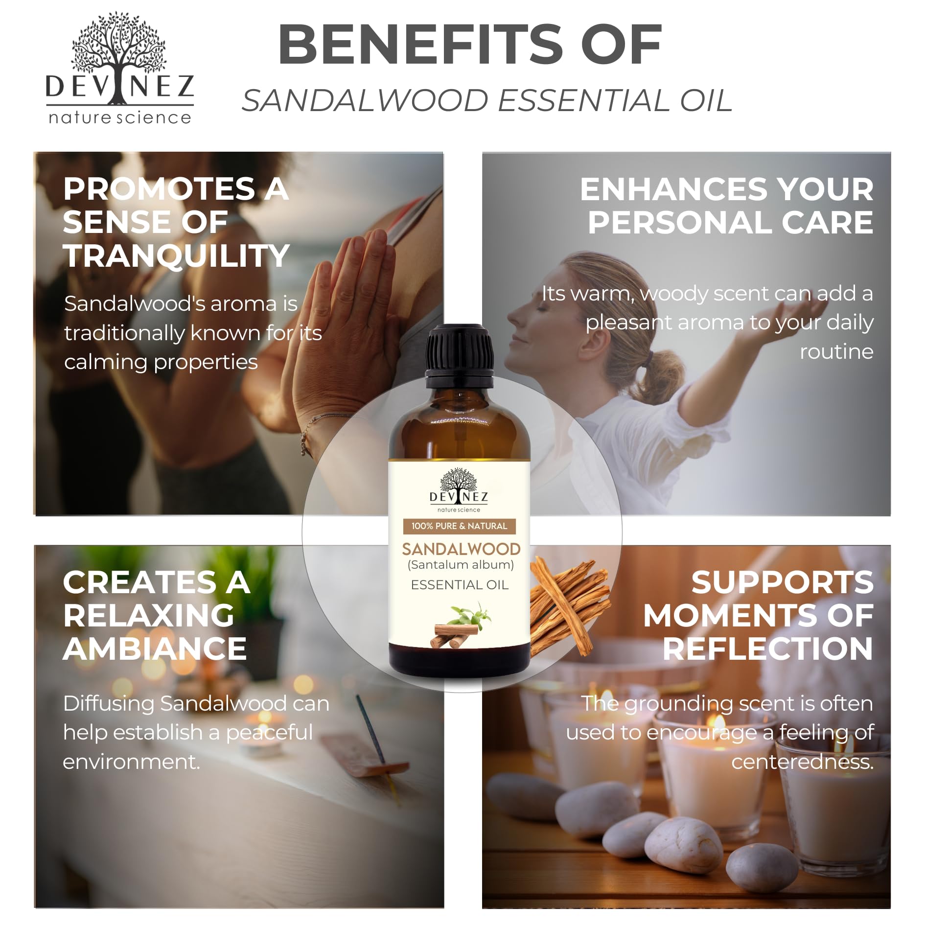 Devinez Sandalwood Essential Oil - 118ml in Glass Bottle | Pure & Natural Chandand Tel For Body Care & Aromatherapy | Undiluted Woody Aroma for Relaxation, Stress & Personal Care | For Skincare 2