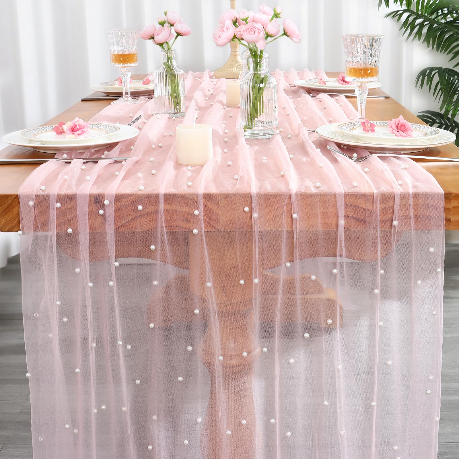 LOMOHOO Table Runner Pink 75x300cm Wedding Table Decoration with Pearl and Tulle, Pink Cheesecloth Tablecloth Sheer Table Cloth Runner Pearl Gauze for Bridal Shower Birthday Party Dining Table