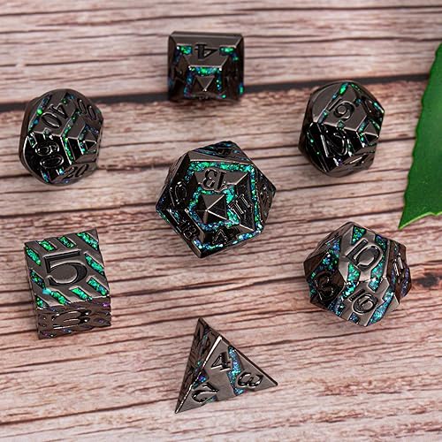 Miniatura 5 de Dados de rayas de metal, dados DND de rayas metálicas sólidas con purpurina con caja de metal de regalo para juego de mesa de Calabozos y Dragones