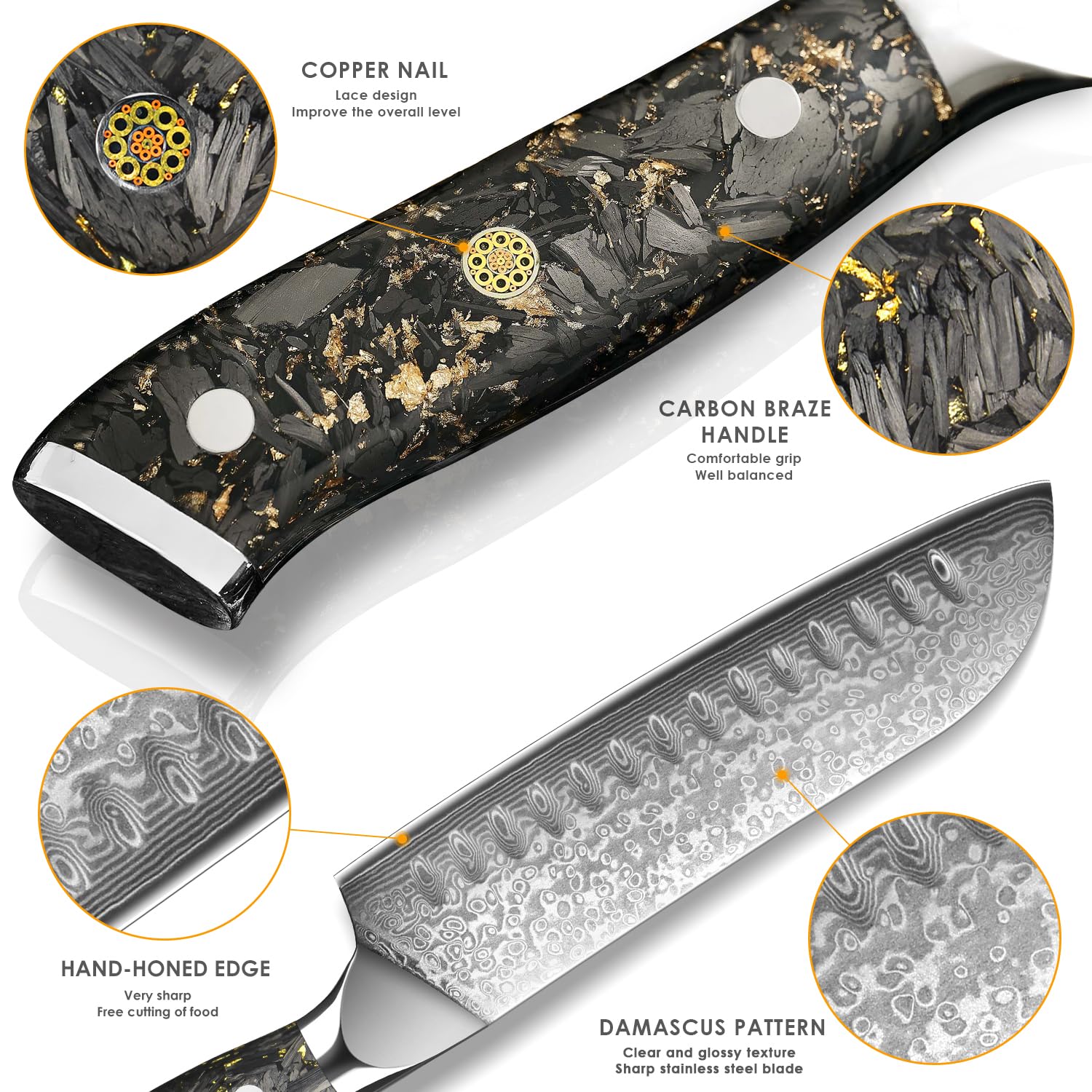 Damascato Coltello da Santoku, Coltello Damasco in 67 Strati di Acciaio Damascato VG-10, Coltello da Cucina Professionale 17.8 cm Lunghezza Lama Extra Affilata, Manico Ergonomico in Resina