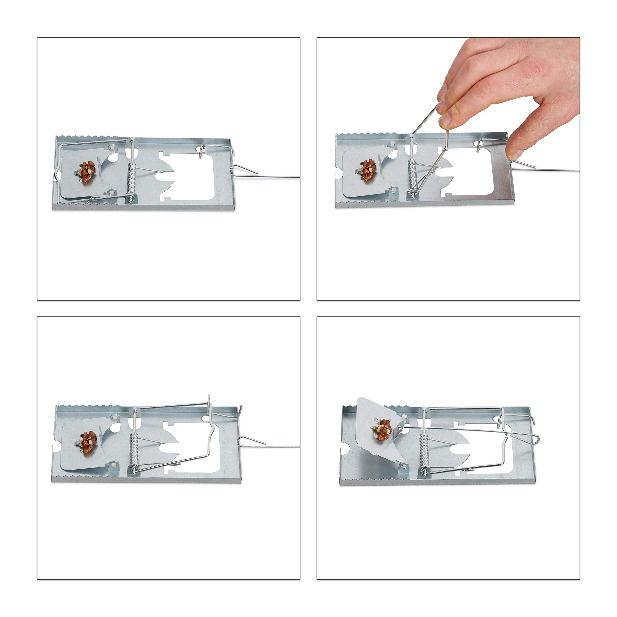 Relaxdays Trappola per Topi, Set da 4, Superficie Dentata, Riutilizzabili, Scatto Forte, Metallo, Rat Trap, Argento