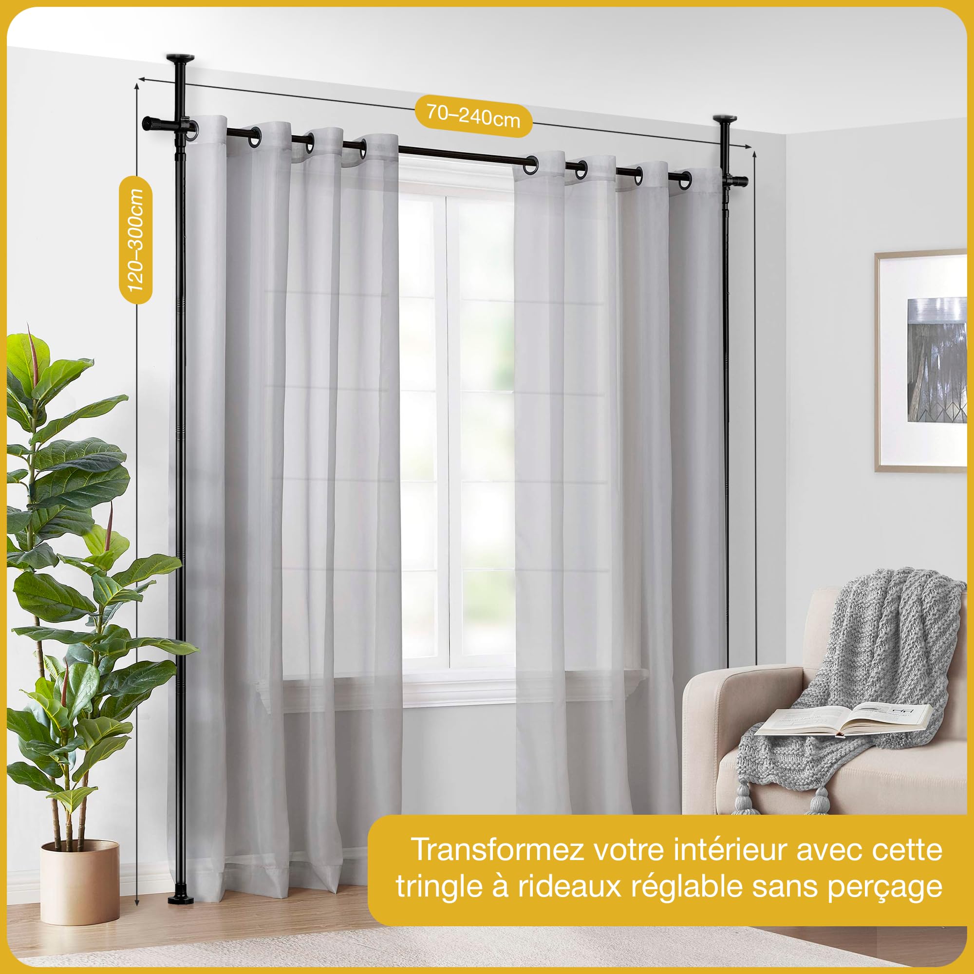 Tringle Rideau sans Percage 120-300 cm (H) × 70-245 cm (L) – Paravent Intérieur Amovible & Séparateur de Pièces – Élégant, Robuste & Sans Outils-