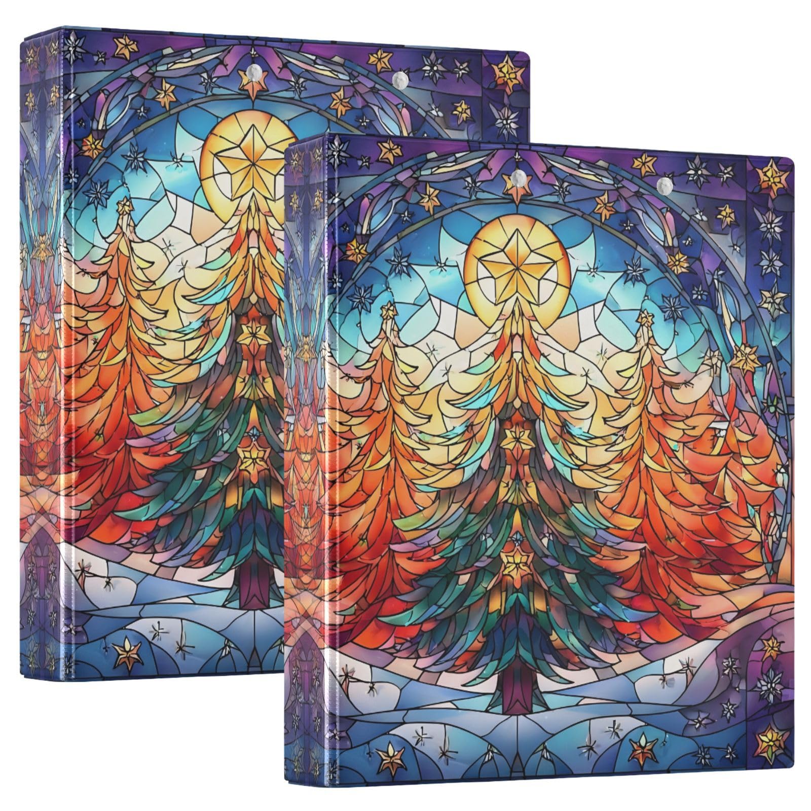 Stained Glass Christmas Tree Red 3 Ring Binder with 2 Interior Pockets