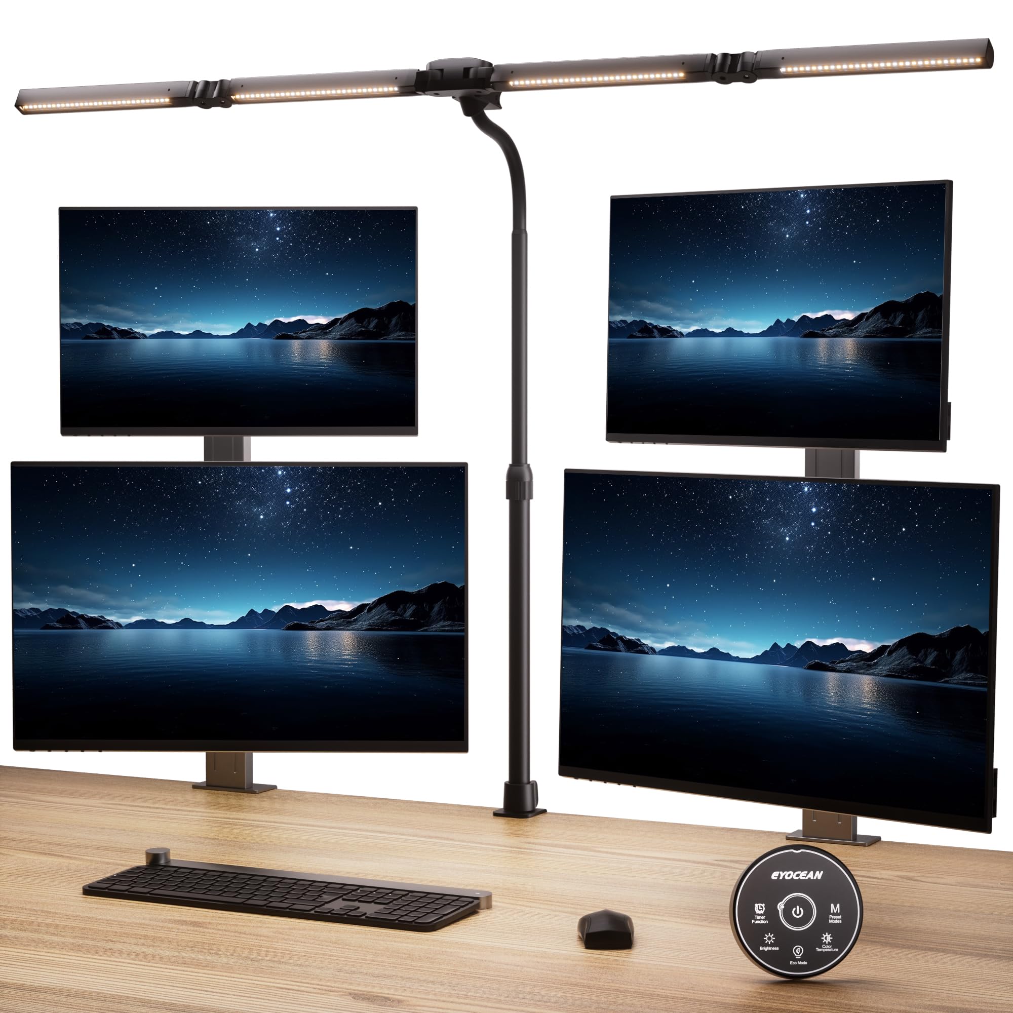 EYOCEAN Schreibtischlampe, 4 Lichtquellen, Teleskopstange mit Einstellbarer Höhe, 24W 100cm Tageslichtlampe Schreibtisch mit Fernbedienung, Dimmbare Monitor Lampe, Schwanenhals Büro Tischlampe