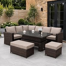 9 Seater Rattan Garden Furniture Set with Height Adjustable Rising Table - Outdoor Furniture Rattan Corner Sofa - FREE COVER INCLUDED Dark Brown Mixed with Dark Brown Cushions