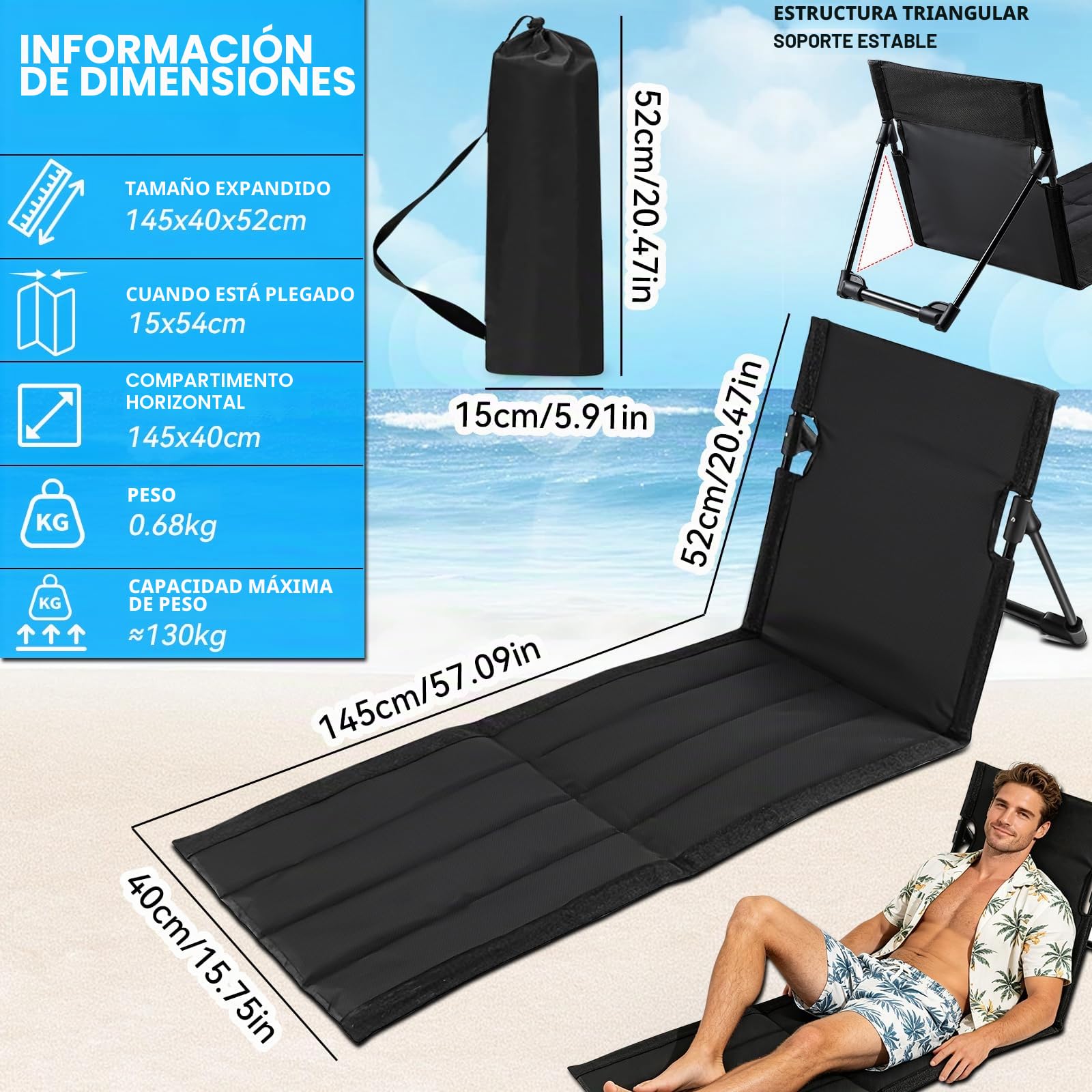 Esterillas de Playa Plegables con Respaldo, Colchoneta de Playa Plegable, Tejido Oxford Impermeable 600D, Tumbona Playa Portátil para Piscina, Jardín y Camping
