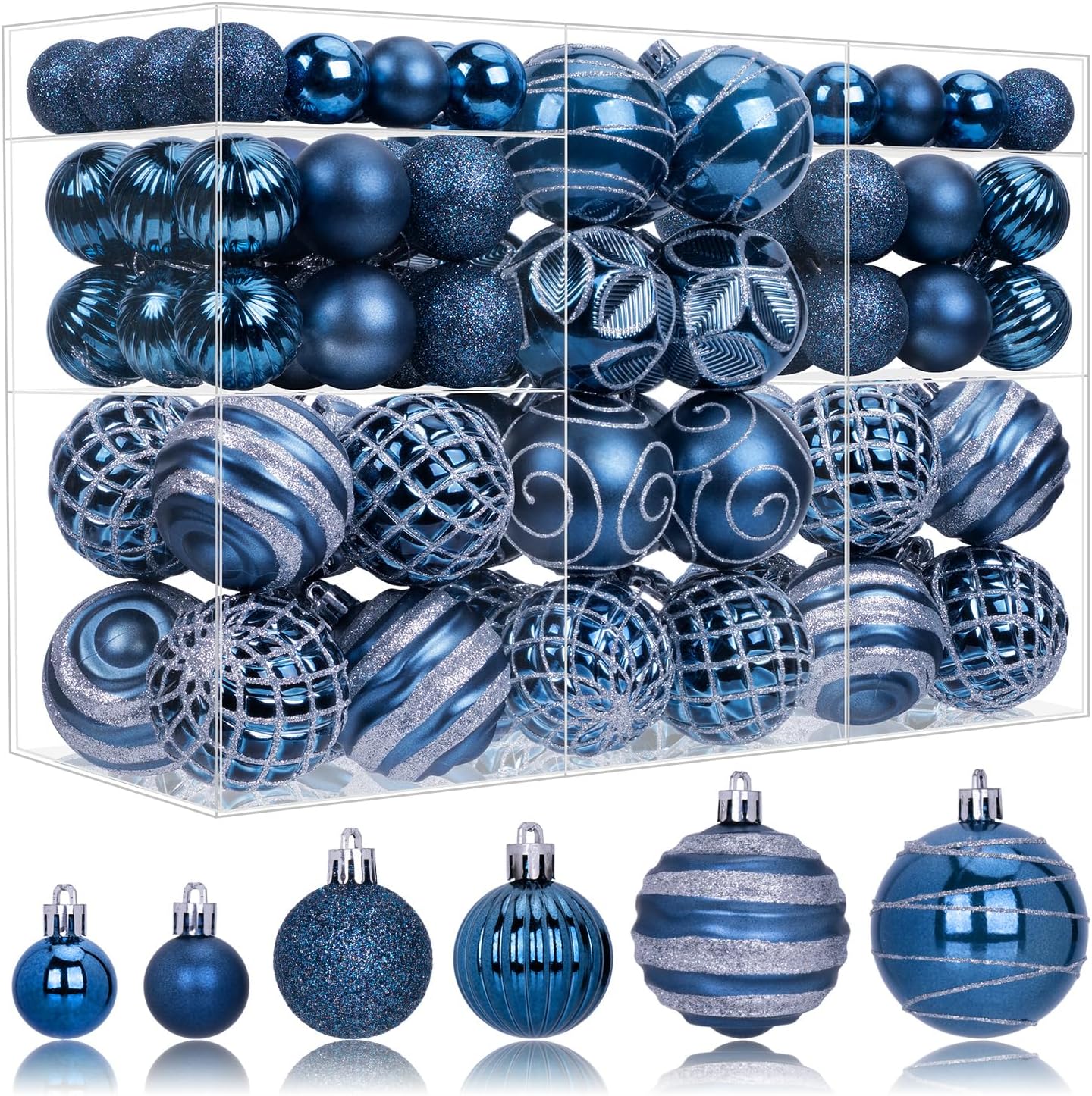 100ct christmas ball ornaments set, navy blue and silver xmas tree decoration, shatterproof decorative hanging balls for christmas party holiday wreath garland home decor navyblue