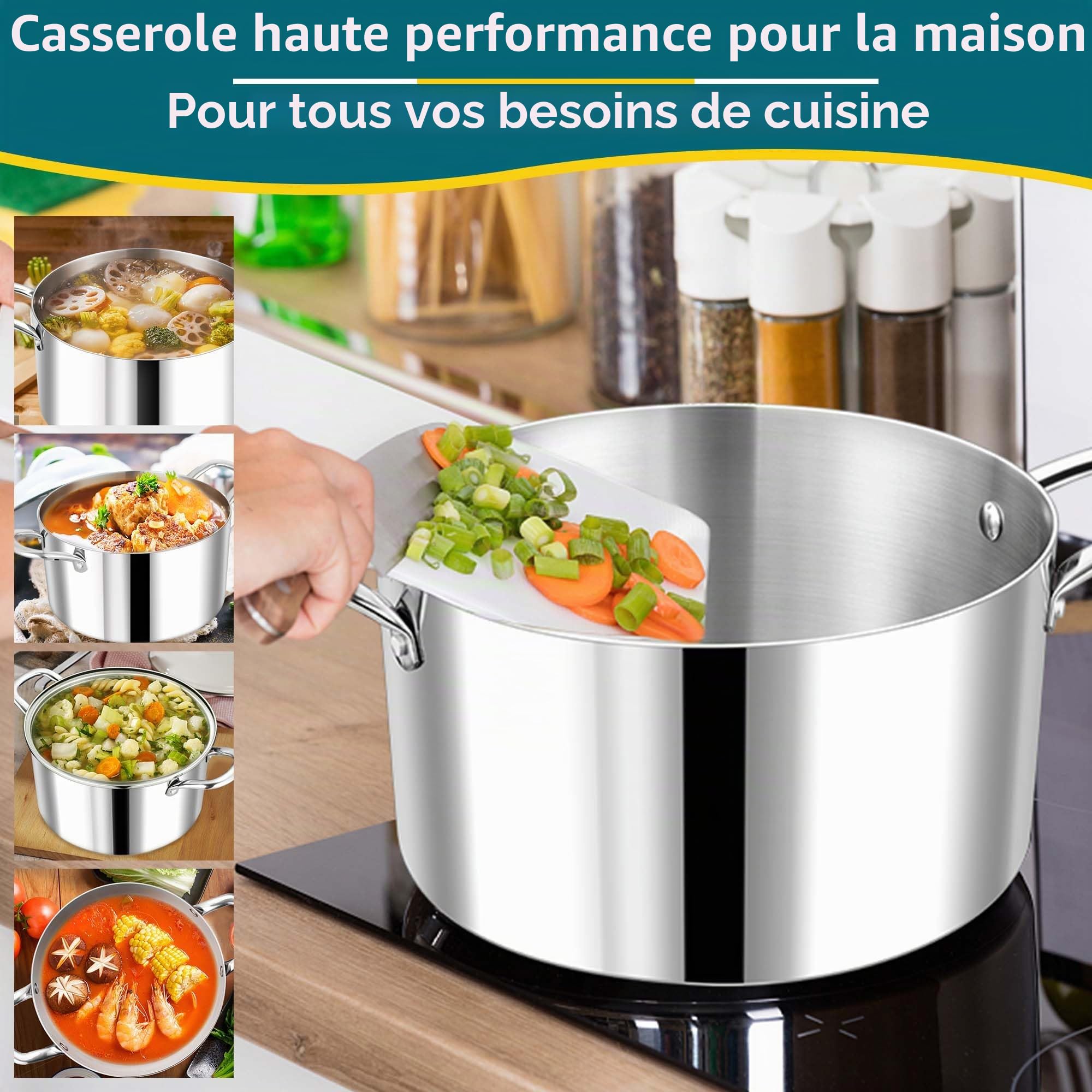 Joyfair Faitout 22 cm acier inoxydable 3 couches, casserole induction 5 l, convient tous feux, passe lave-vaisselle