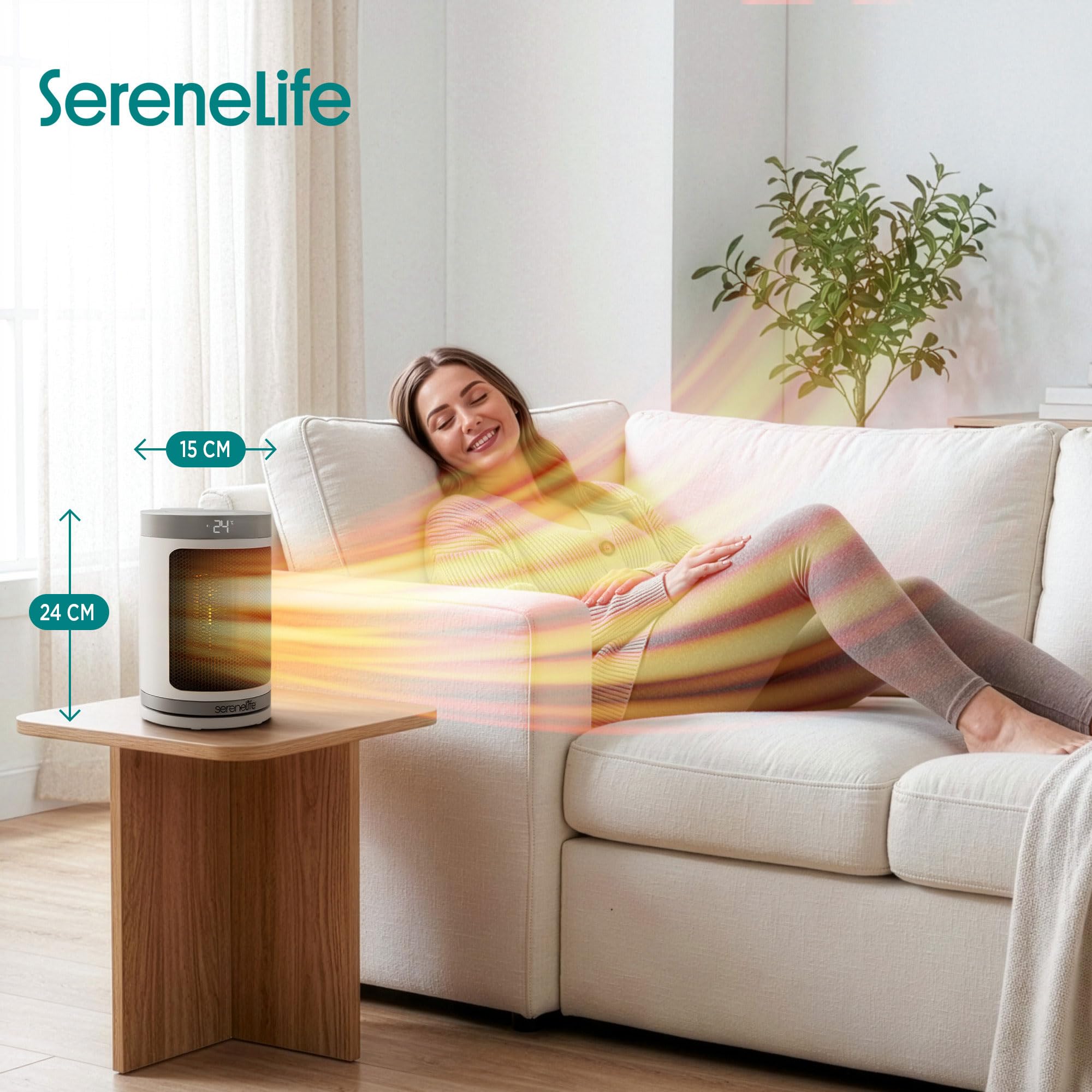 SereneLife Calefactor Eléctrico Cerámico PTC 1500W, Eficiencia Energetica, WiFi  Via Aplicacion Movil, Termostato Digital, Control Remoto, Temporizador de 12 Horas