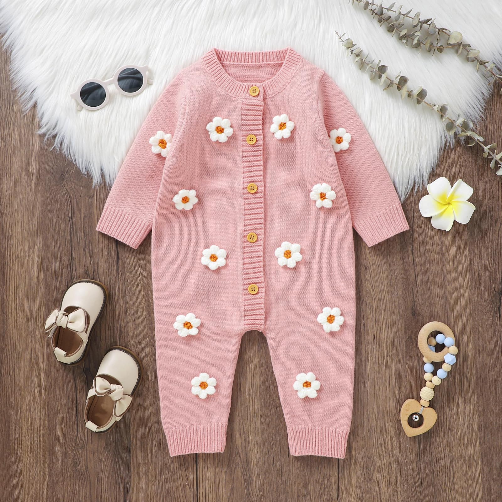 MAINESAKA Newborn Baby Girl Knit Sweater Jumpsuit Valentines Day Onesie Heart Print Long Pants Romper Fall Winter Clothes (Flower-Pink, 0-3 Months)