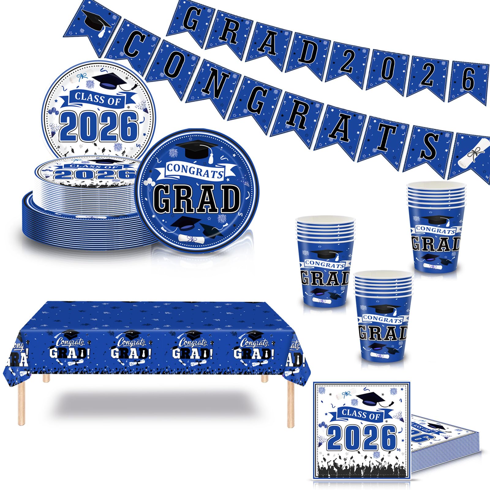 71Pcs Graduation Party Tableware Set for the Class of 2026 -Blue Congrats Grad Banner,Tablecloth,Paper Plates Napkins Cups Dinnerware Set for 2026 Grads Class Party Table Decor Party Supplies