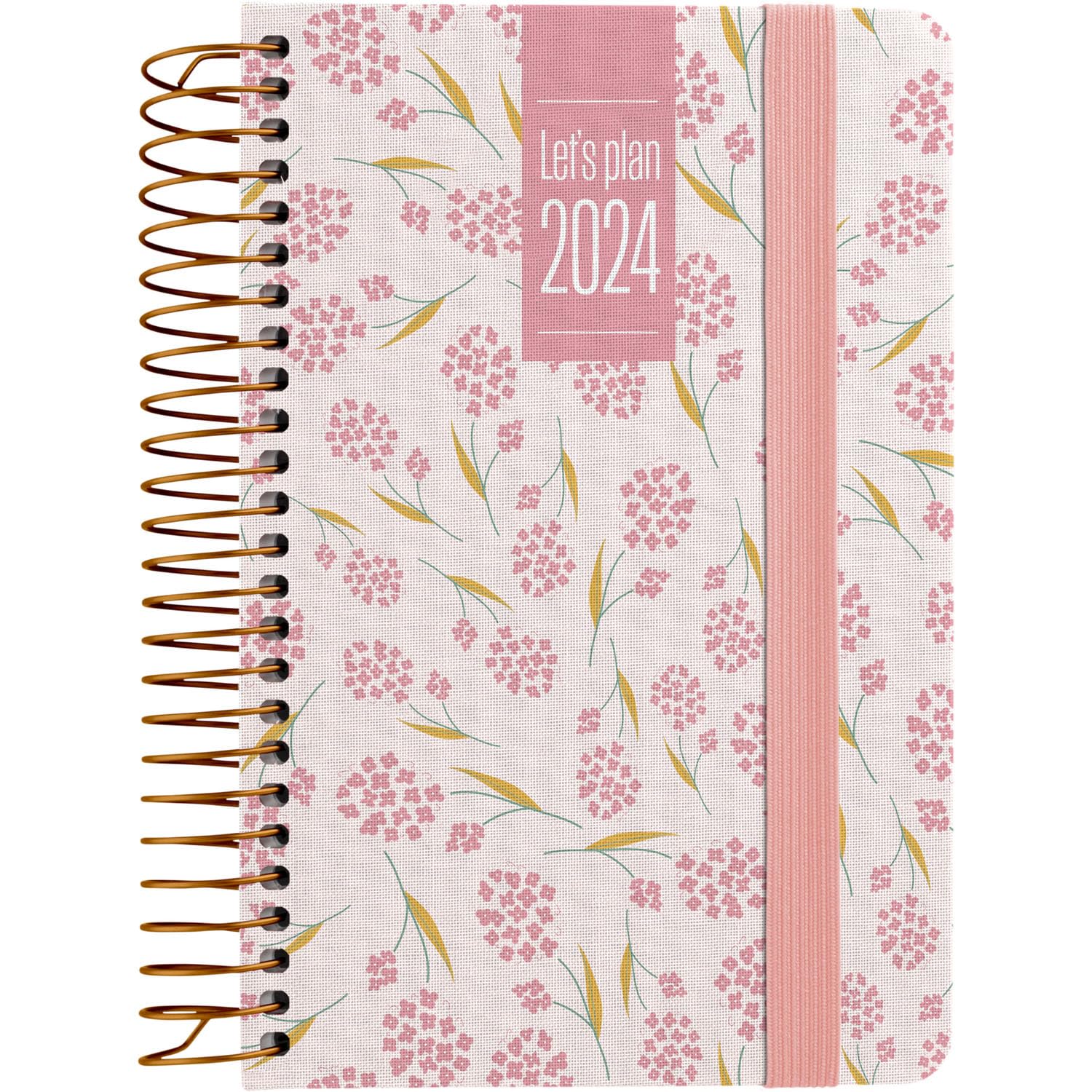 Grafoplás | Agenda Día Página 2024 A6 | Español | Diseño Lily | 10,5x16,5cm | Con Espiral | Tapa Dura Forrada en Tela Impresa| Cierre Elástico | Perfecta para Gestionar tu Tiempo