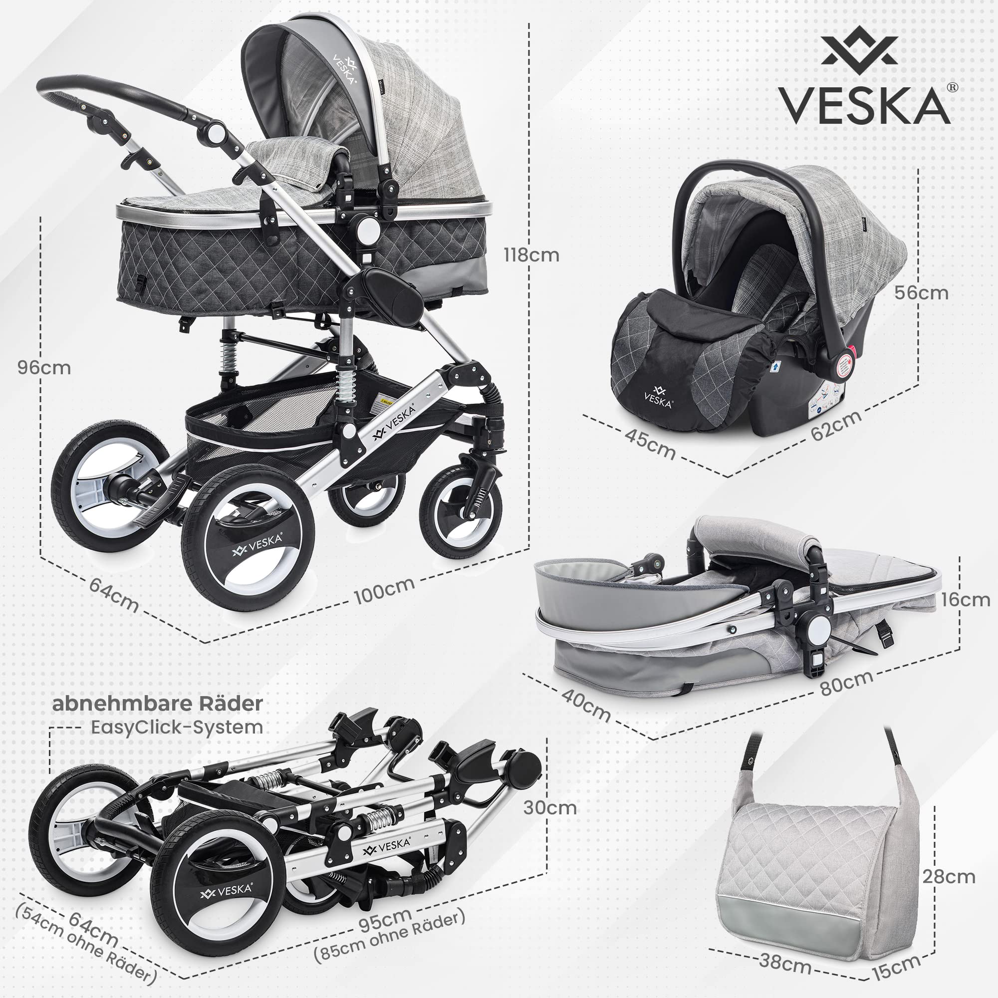 3 in 1 Kombi-Kinderwagen inkl. Babyschale, Buggy, Jogger mit Wickeltasche, Moskitonetz, Regencover, Spieltisch, Autoschale Fußsack, QuickFold, Aluminiumrahmen (Silber - anthrazit/grau)