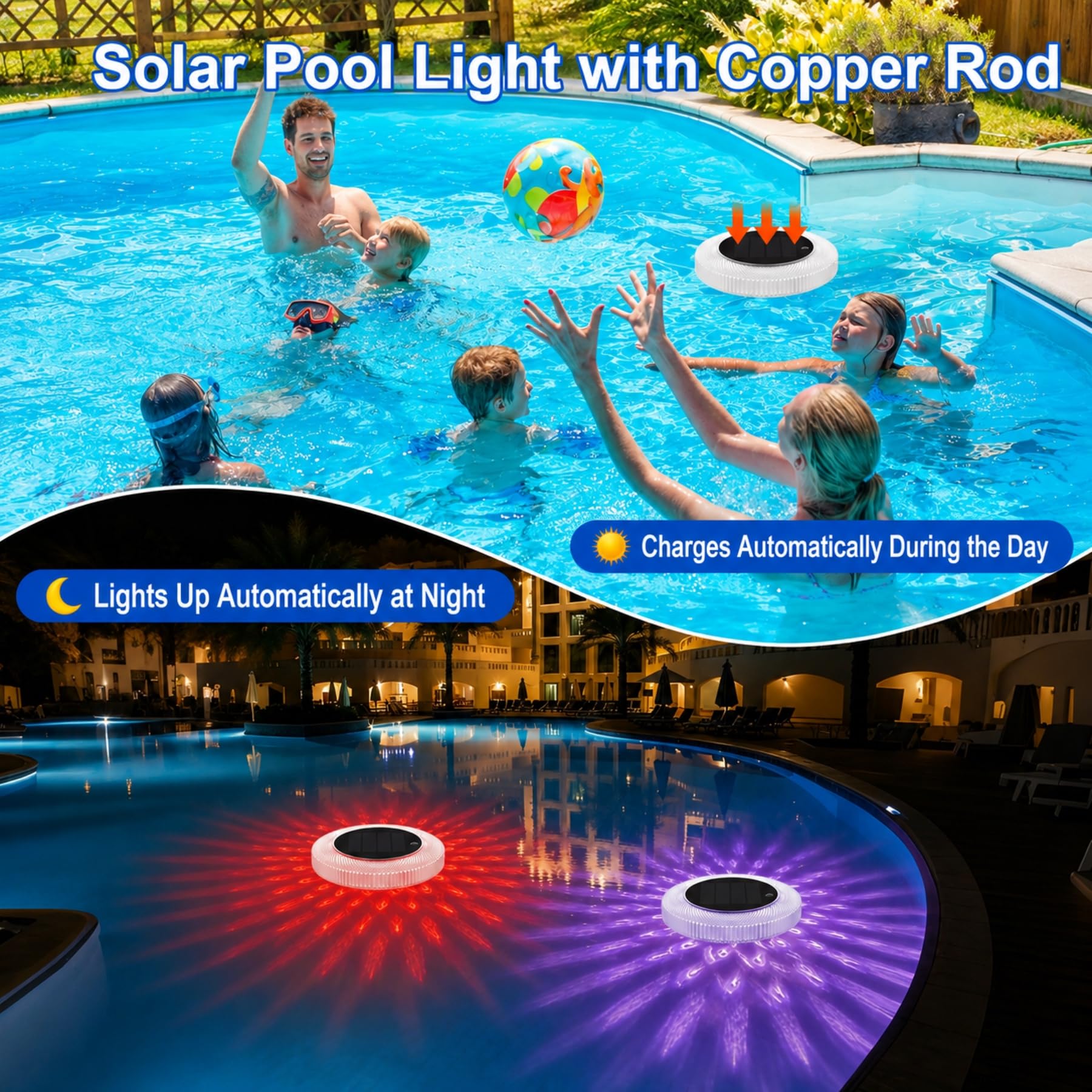 sylvwin Ionizador de piscina solar con ánodos de cobre, purificador de agua flotante con ánodo de cobre para piscinas, iluminación solar de piscina, luces solares RGB, purificador de agua para