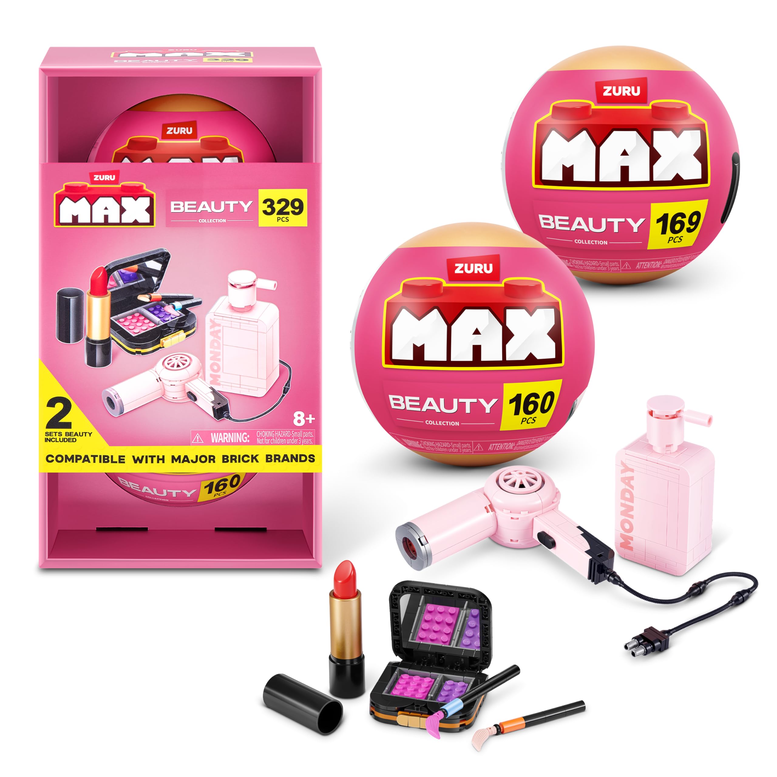 MAX Build More Premium Beauty Collection 2 Pack (Lip and Face Makeup Kit & Hair Dryer & Monday Shampoo) by ZURU – Novelty Unboxing Toy & Building Brick Collectible Minis with 329 Pieces