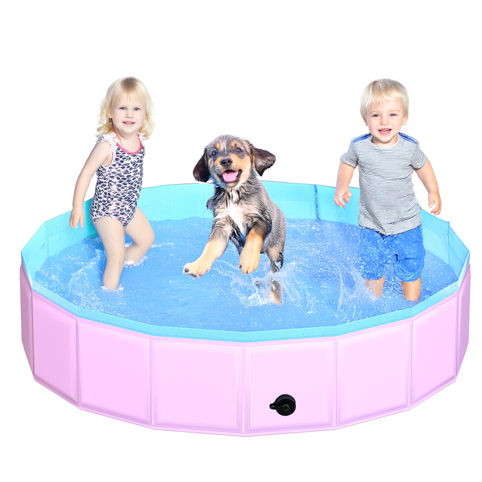 CACSPS 2025 Updated Foldable Dog Pool, 55" x 12" Kiddie Pool with Hard Plastic, Non-Slip Dog Bath Tub for Outdoor Backyard, Collapsible Dog Swimming Pool for Kids Dogs Pets (Pink)