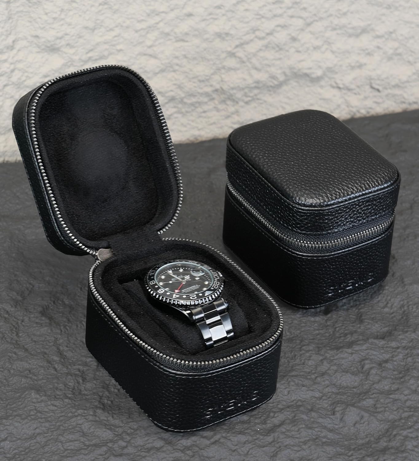 Watch Travel Box, Real Genuine Leather Single Watch Roll Case for Man and Women Watch Packing Storage Organizer with Suede to Protection Zipper Fit All Watches Up to 60mm (1W-Z-BB)