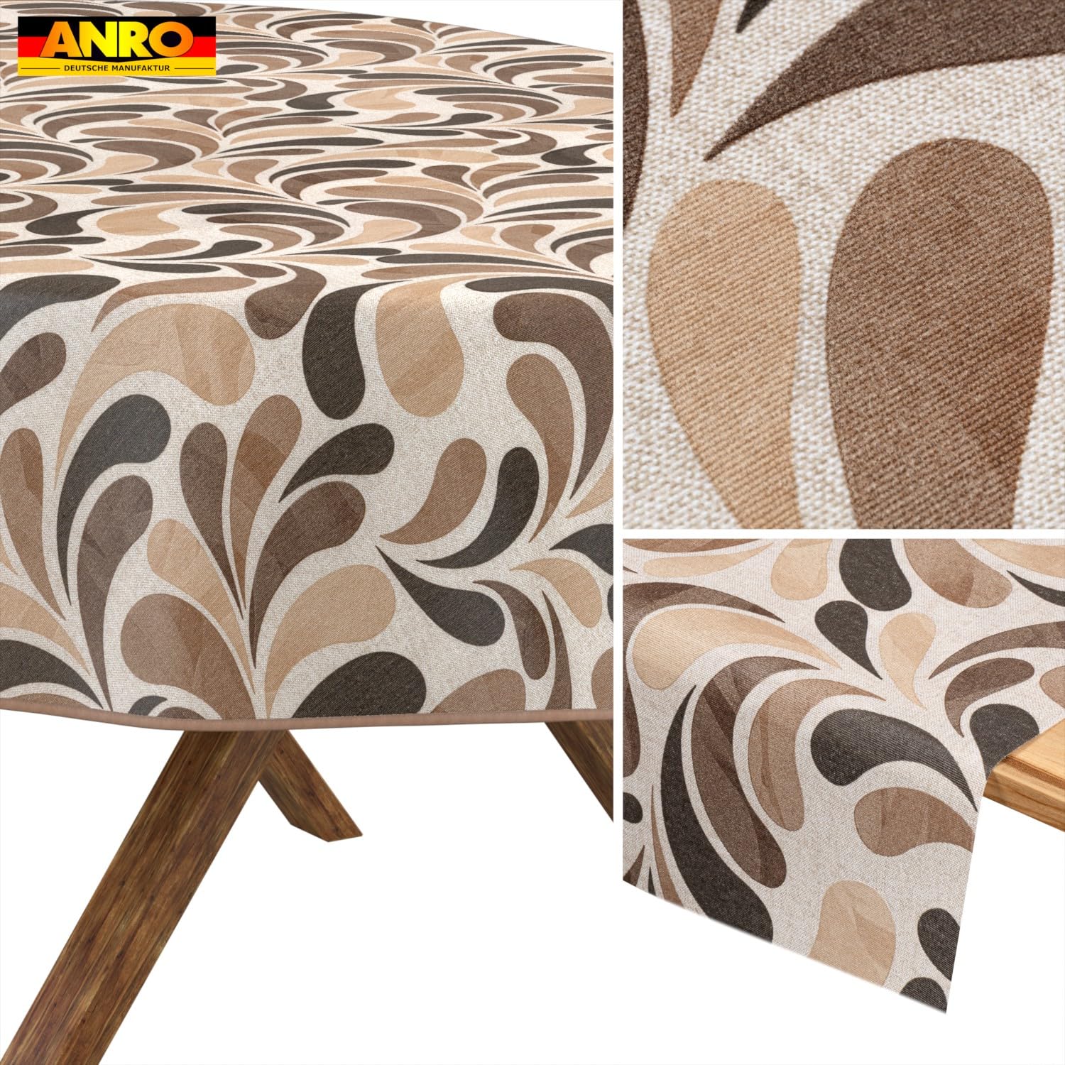 ANRO Tischdecke abwaschbar Tropfen Beige mit Saum oval 220x140 cm