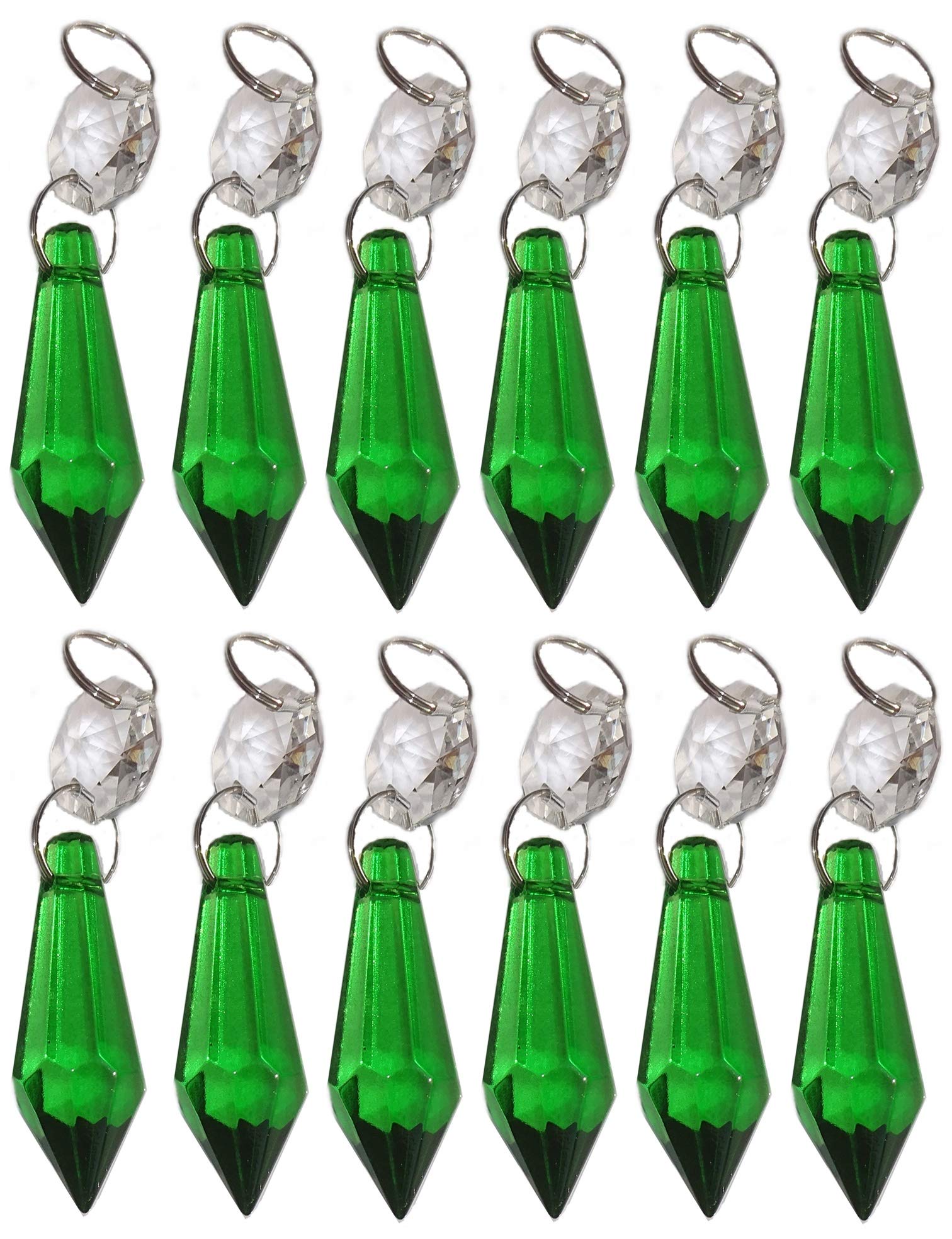 12 Retro Emerald Green Torpedo Chandelier Drops Droplets Cut Glass Crystals Beads Prisms Christmas Tree Ornaments Vintage Wedding Decorations Light Lamp Parts (Emerald Torpedo Shape)