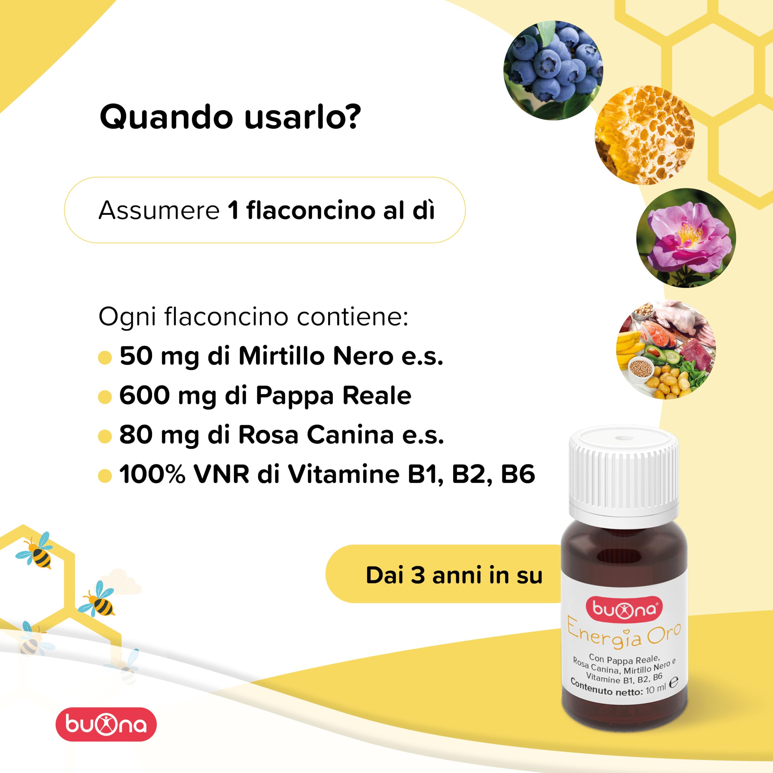 Buona Energia Oro Flaconcini Bambini 10 Flaconcini da 10 ml, con Pappa Reale, Vitamina B1, B2 e B6, Rosa Canina e Mirtillo Nero, Integratore Stanchezza, Ricostituente Senza Lattosio