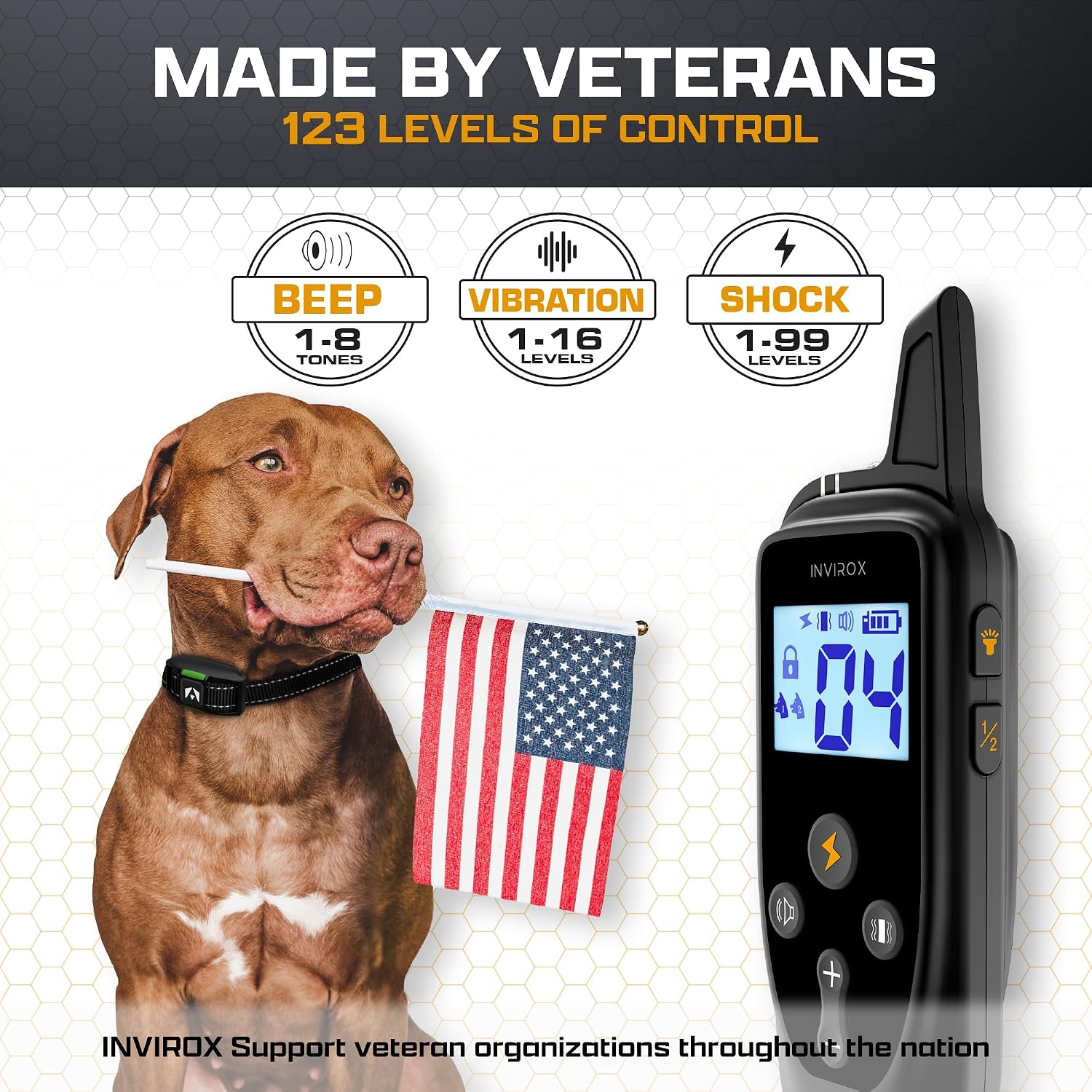 INVIROX Dog Shock Collar Enjoy 123 levels of beep, vibration, and shock in an IP67 waterproof collar.