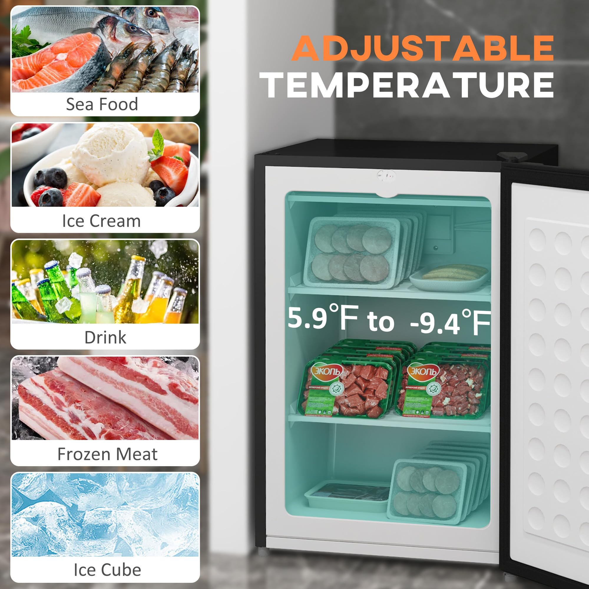HOMCOM Mini Freezer Countertop, 3 Cu.Ft Compact Upright Freezer With 3 Shelves, Reversible Door For Home, Dorm, Apartment And Office, Black on Fridge.com - View 4