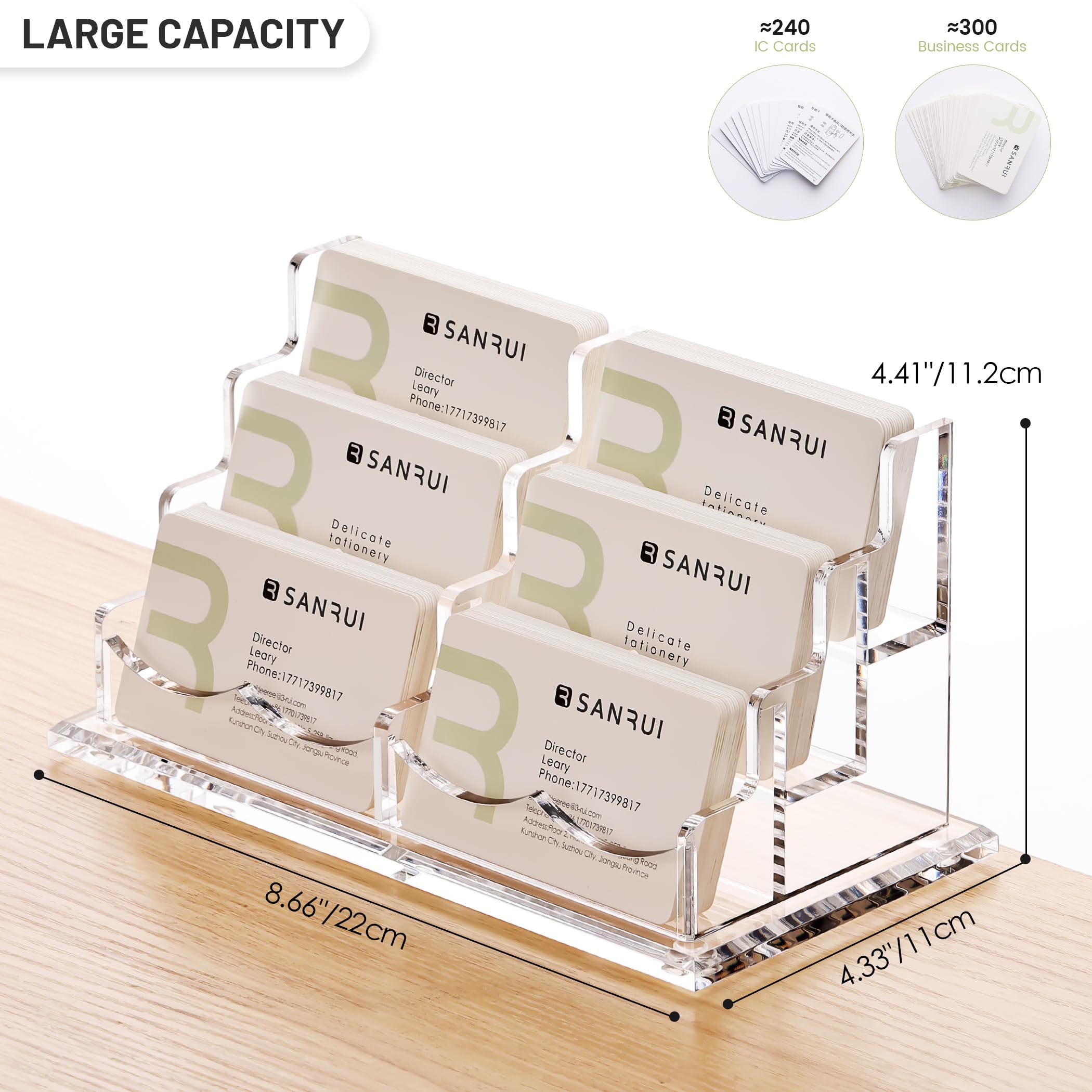 SANRUI - Tarjetero de acrílico para escritorio o oficina, soporte para tarjetas de visita, pantalla transparente de 3 niveles con 6 bolsillos