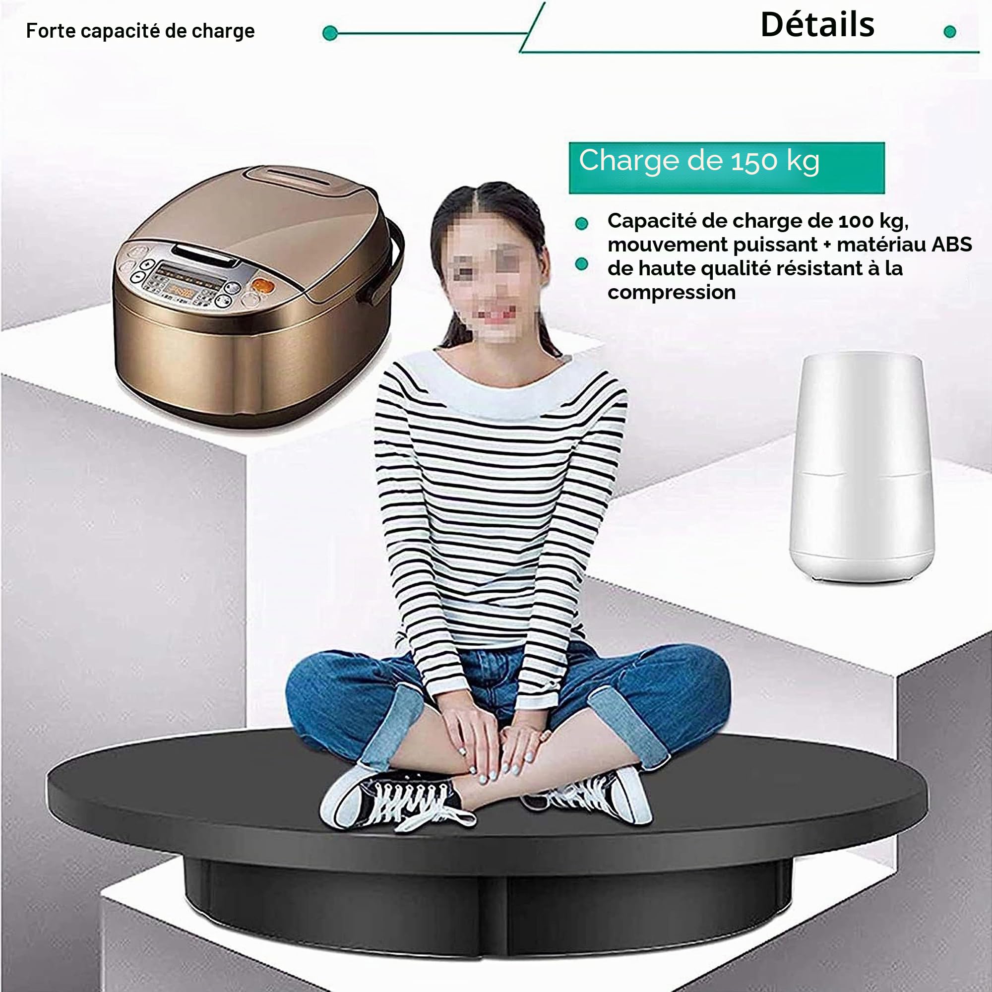 Plate-Forme Rotative Automatique, Présentoir Rotatif Motorisé 60cm 150kg Charge, Plateau Tournant électrique à 360 Degrés pour Photographie, Télécommande,Black