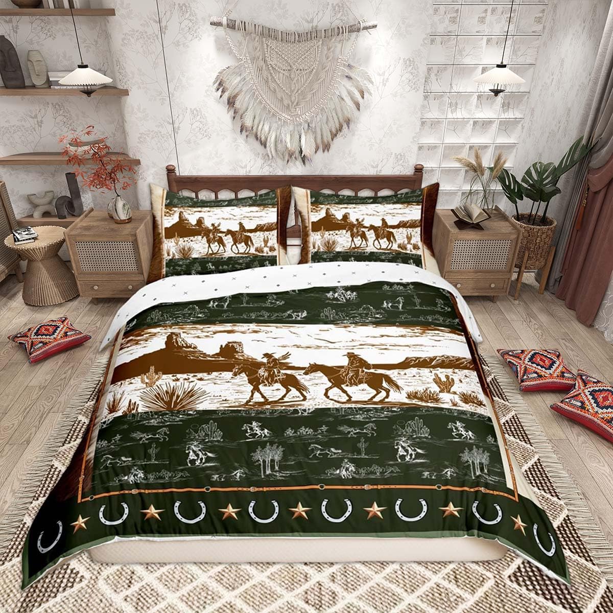 Loussiesd Green Brown Western Decor Duvet Cover Super King Size Wild West Cowboy Bedding Set Horse Desert Rodeo Cowboy Style Comforter Cover Set Decor Horseshoes West Texas Star Bedspread Cover — image 1