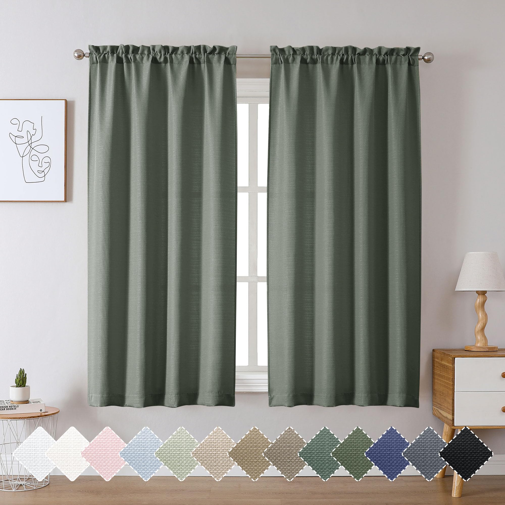 Chyhomenyc Bennet Olive Green Curtains 45 Inch Length 2 Panels, Faux Linen Textured Semi Sheer Light Filtering Soft Airy Rod Pocket Window Treatment Drapes for Living Room Bedroom, Each 30" Wx45 L