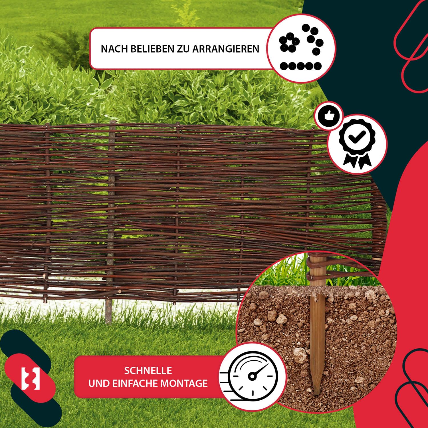 KOTARBAU® Płotek Ogrodowy Wiklinowy - 120 X 40 CM - Płot Wbijany - Palisada - Obrzeże - Zestaw 5 SZT