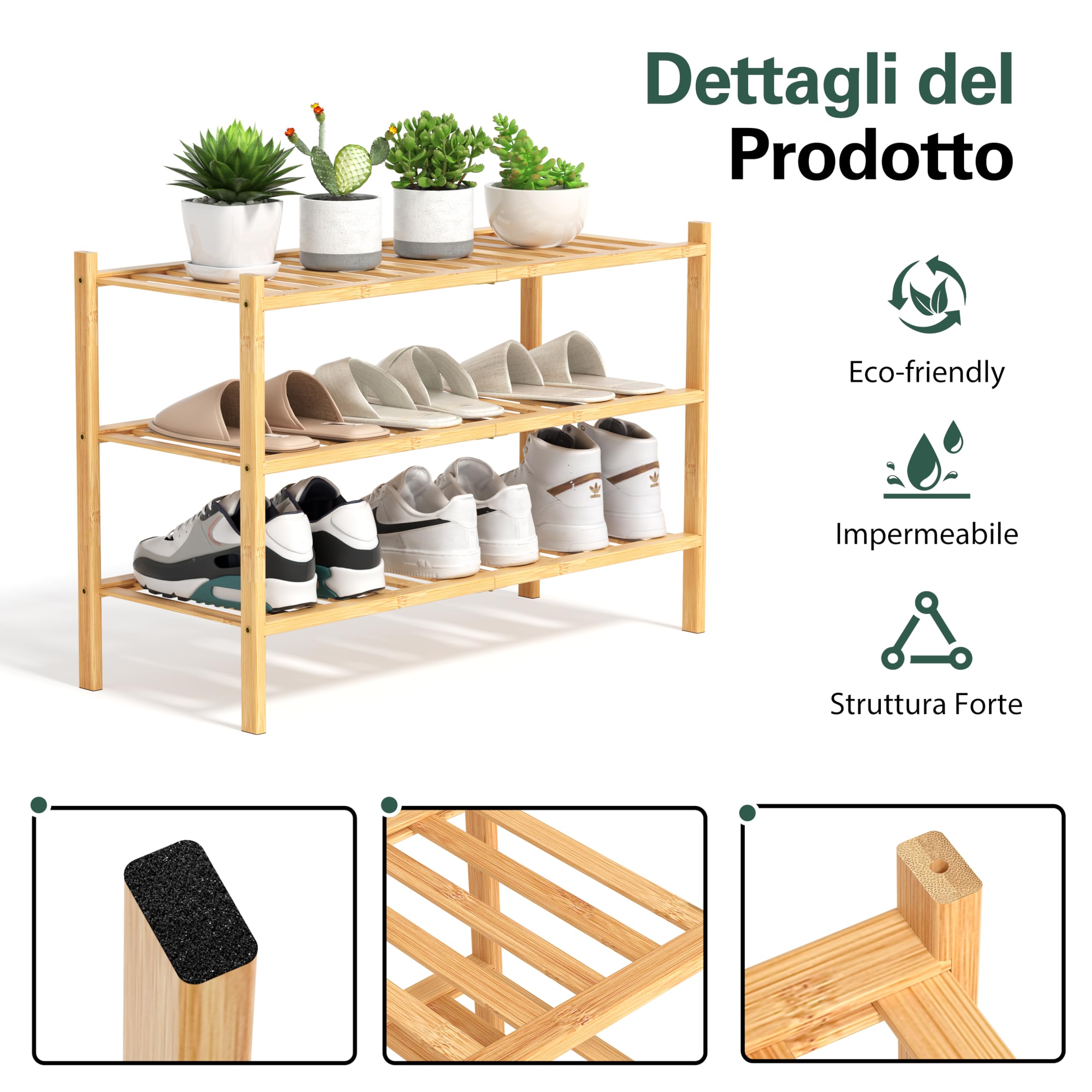 Scarpiera in Legno Bambù 3 Ripiani – Porta Scarpe Salvaspazio Ingresso Slim 68x28x46 cm – Scarpiera Portascarpe Componibile Stretta Verticale – Mobile Scarpiera Piccola Modulare (Bambù)