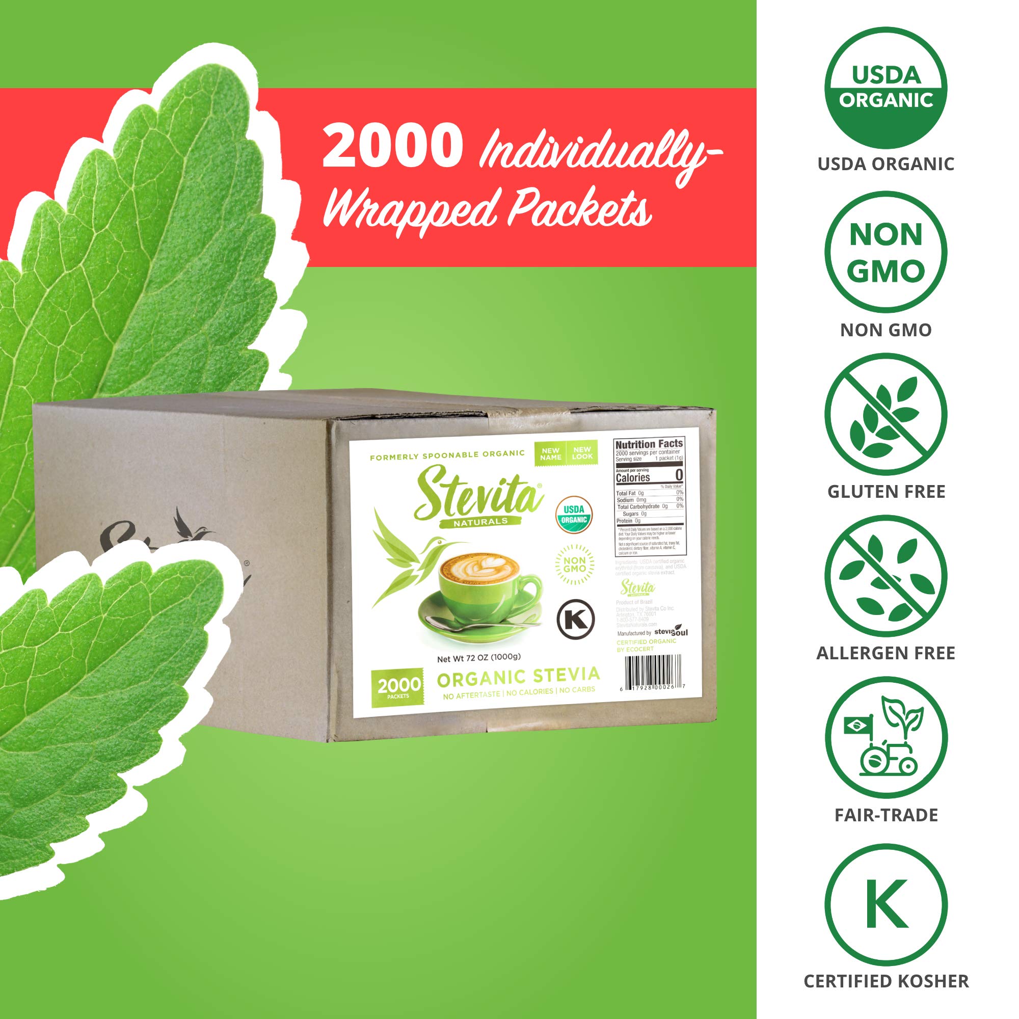 Stevita Organic Spoonable Stevia Packets - 2000 count - Stevia & Erythritol All Natural Sweetener, No Calories - USDA Organic, Non GMO, Vegan, Kosher, Paleo, Gluten-Free - 2000 Servings