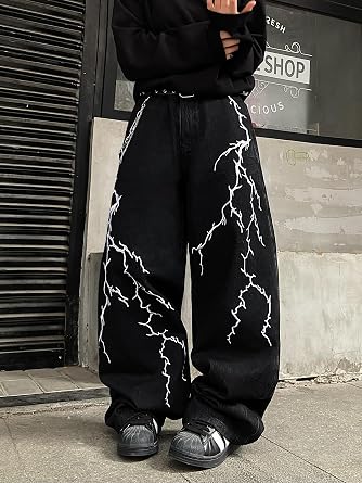 DFGIGT Men's Hip-hop Embroidered Baggy Jeans Loose Fit Denim Black Trousers