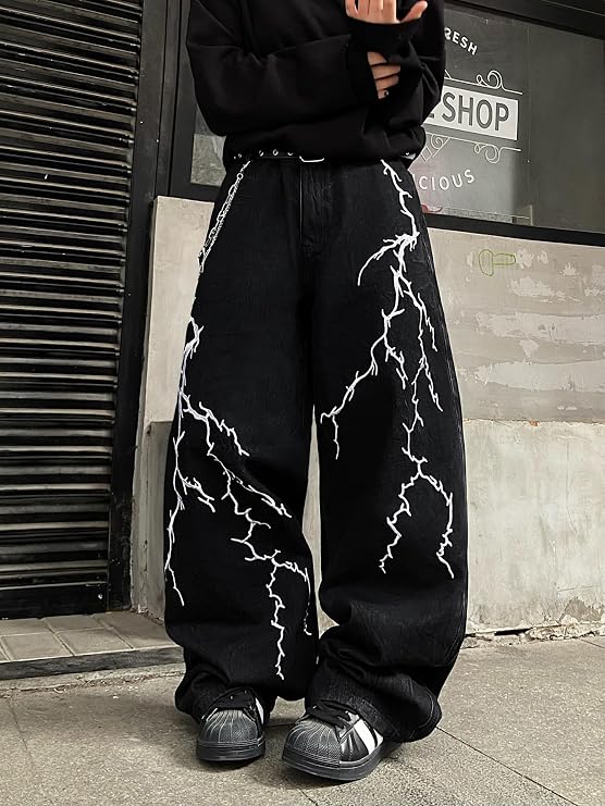 DFGIGT Men's Hip-hop Embroidered Baggy Jeans Loose Fit Denim Black Trousers