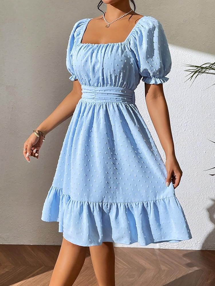 LXXWMxBH Women 2024 Summer Short Sleeve Dress Square Neck
