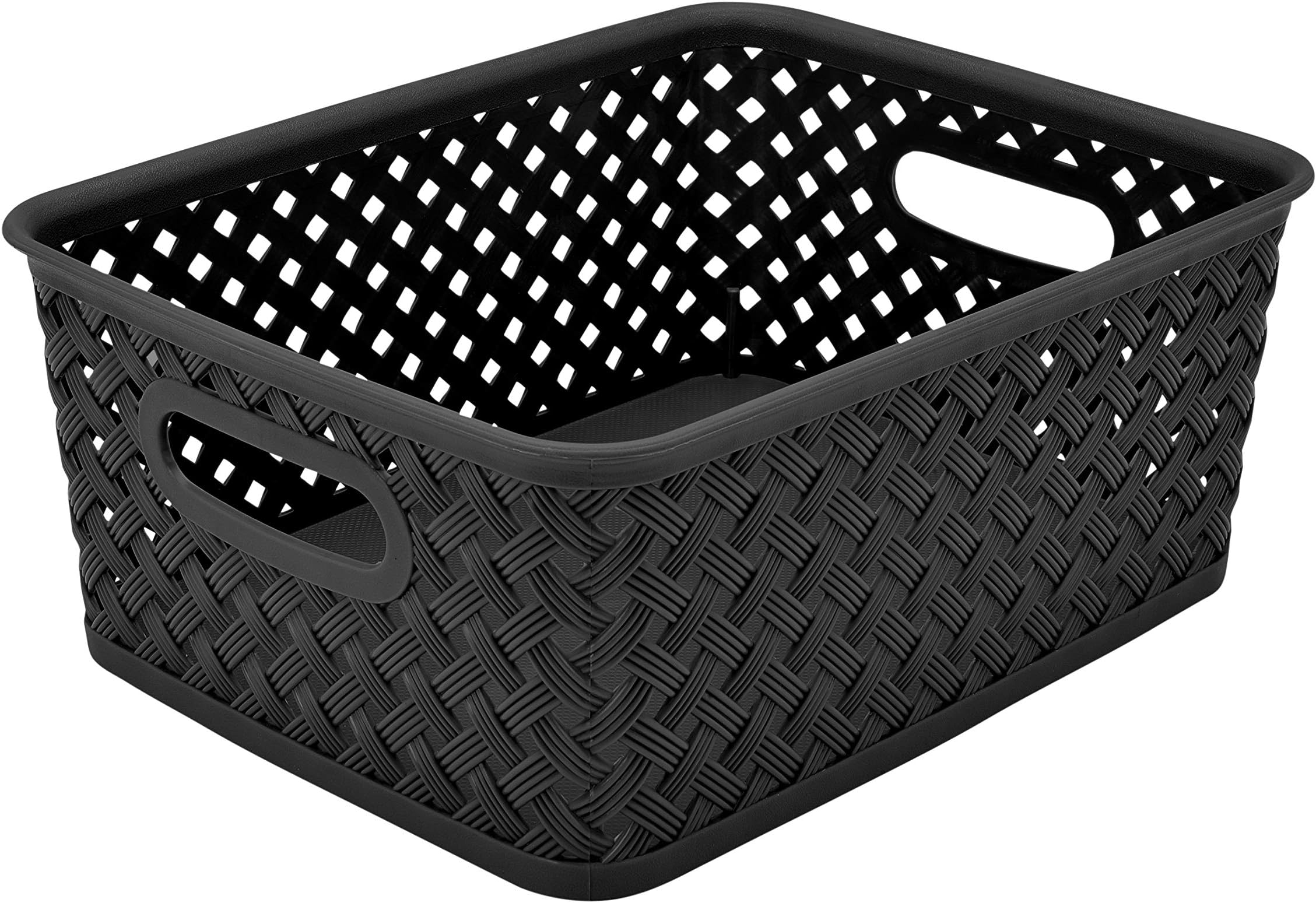 Small Resin Wicker Tote | Storage Bin | Plastic Organizer | Carrying Handles | Bathroom | Pantry | Accessories | Cleaning Products | Black