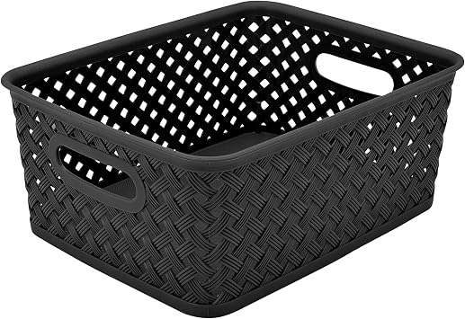 Simplify Small Resin Wicker Tote | Storage Bin | Plastic Organizer | Carrying Handles | Bathroom | Pantry | Accessories | Cleaning Products | Black