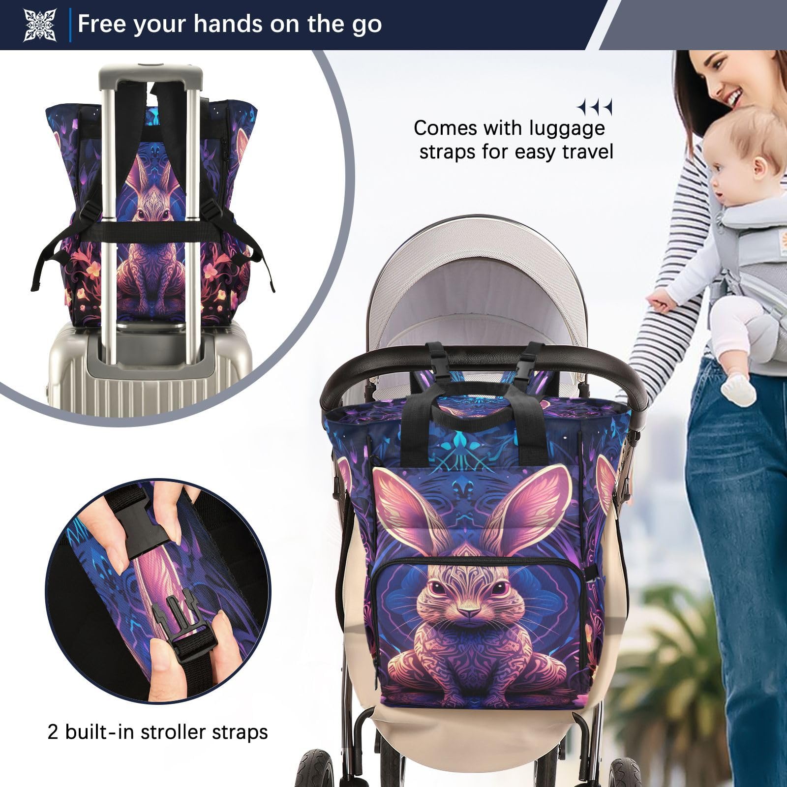 Conejo Espacio Abstracto Azul Mochilas de Pañales para Gran Capacidad Pañal Bolso Mochila para Viajar al Aire Libre Mamá y Papá