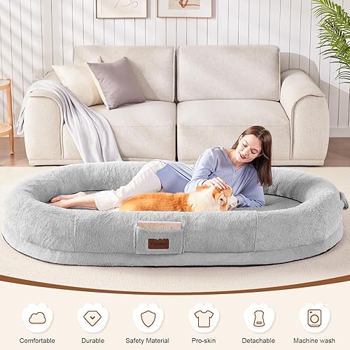 Miniatura 5 de Cama humana para perros y adultos, puf gigante con manta de 72 x 48 x 10 pulgadas, cama siesta lavable de piel sintética para adultos, ovalada para